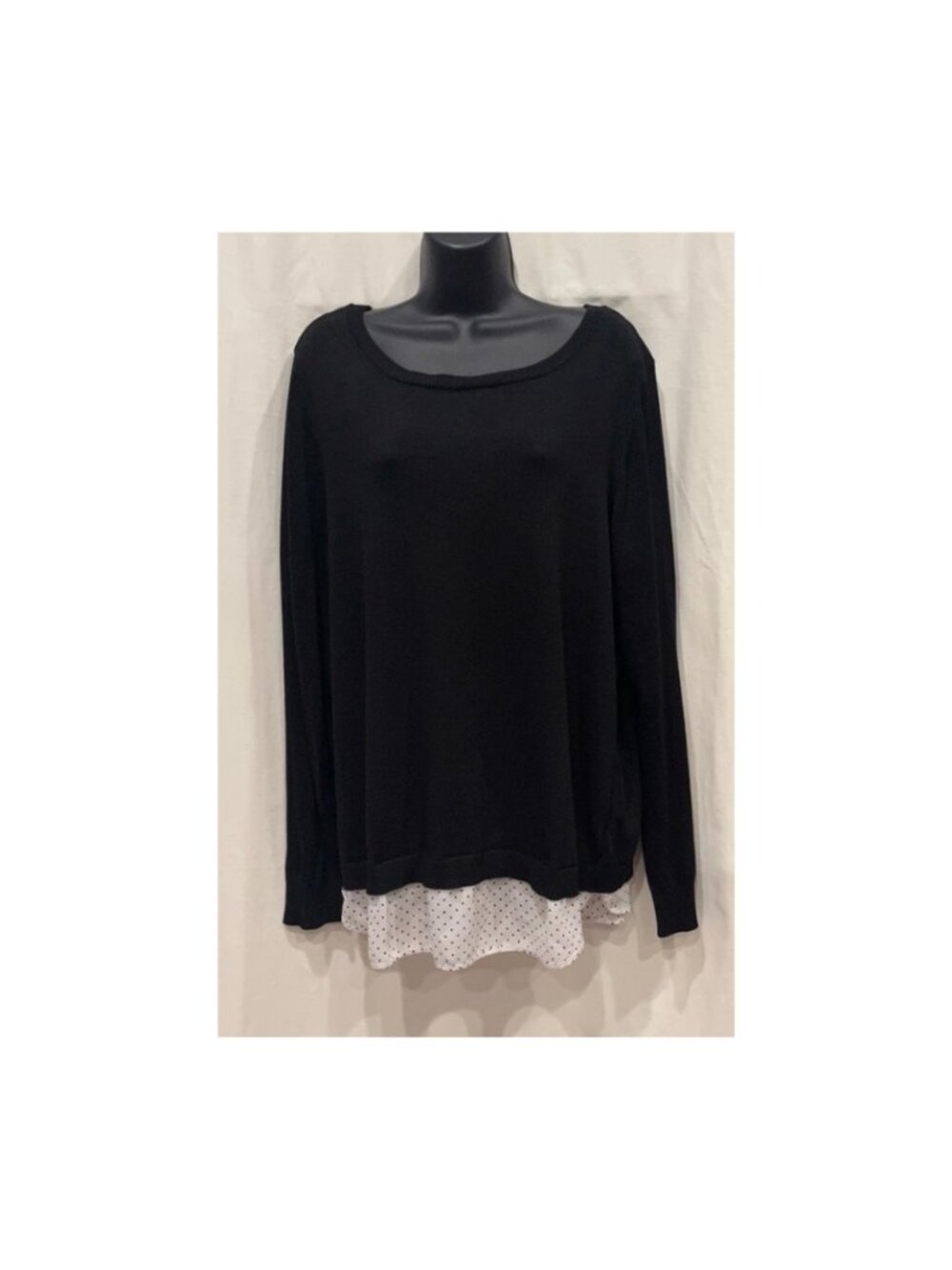 Faux-Layered Long Sleeve Sweater Top — Black with Polka Dot Hem